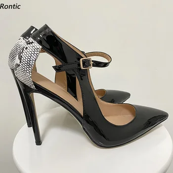 Женские туфли-лодочки ручной работы Rontic из лакированной кожи, пикантные туфли-шпильки со змеиным носком, элегантные черные модельные туфли, Размер США 5-15