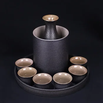 Керамический Горшок для Саке в японском Стиле, Набор Чашек, черная Керамика, Поднос для бутылок ликера и вина