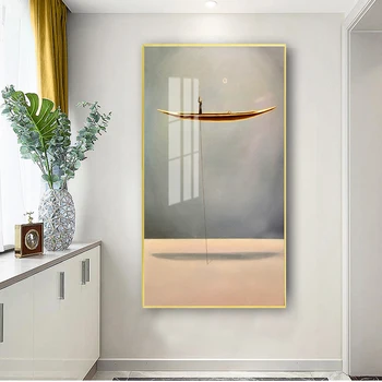 Настенная картина в скандинавском стиле с принтом, декор для гостиной, Золотая лодка, абстрактная картина на холсте, плакат с минималистским пейзажем