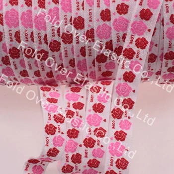 15-миллиметровая блестящая лента с принтом Розы Святого Валентина, сложенная поверх эластичной ленты для ободков для девочек 100 ярдов