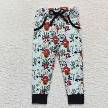 Оптовая продажа Детских брюк с карманом в стиле Западной коровы и кактуса, Весенне-осенняя одежда для малышей, Брюки для мальчиков, Детская рождественская одежда
