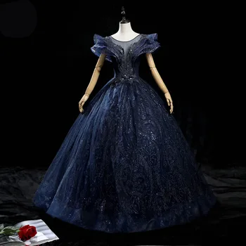 Сверкающие темно-синие свадебные платья с овальными короткими рукавами И высокой талией Бальное платье Свадебные платья с вышивкой бисером И пайетками