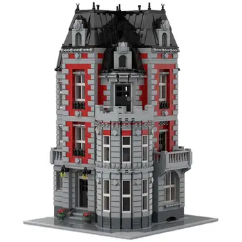 Модульное здание с серо-красным экстерьером и полным интерьером 4007 деталей MOC Build