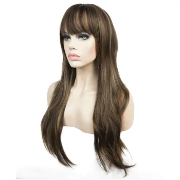 Женский синтетический длинный парик StrongBeauty с многослойными прямыми волосами темно-коричневого цвета со светлыми прядями, монолитный парик