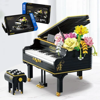 Креативное Черное пианино, модель Букета из розовых роз, Строительные блоки, Набор строительных кирпичей для музыкальных инструментов, Игрушки для детей, подарок взрослым
