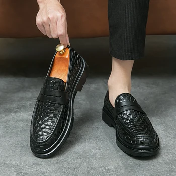 Мужские мокасины с плетеным тиснением, коричневые модельные туфли для работы в офисе