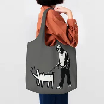 Бандит Бэнкси с принтом Каваи и лающей собакой, сумки для покупок, портативная холщовая сумка для покупок, Уличная художественная сумка с граффити