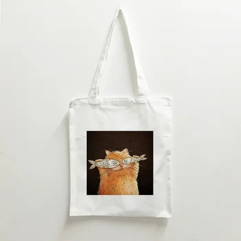Холщовая сумка с кошачьим принтом для покупок в супермаркете, эстетические сумки для женщин, повседневная сумка через плечо.