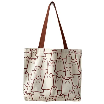 Холщовая сумка для женщин, модные сумки-мессенджеры с милым котом на молнии, дизайнерская сумка, женские мультяшные сумки для покупок на плечо