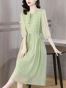 2023 Зеленое шелковое повседневное длинное платье с круглым вырезом и шикарным бантом, Летнее однотонное элегантное повседневное пляжное платье, женское Корейское облегающее вечернее платье
