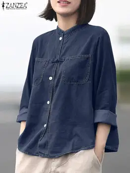 ZANZEA Женская однотонная рубашка с длинным рукавом и воротником-стойкой, модные женские вечерние топы, сорочка, винтажная джинсовая синяя блузка