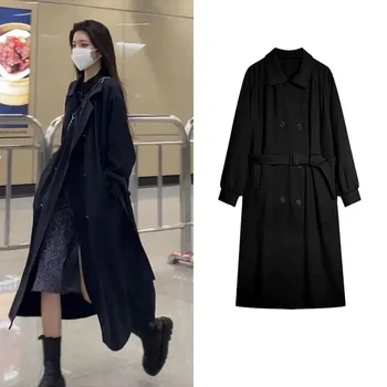 Корейский черный тренч, Женская куртка со свободным отворотом и длинным рукавом, повседневная ветровка средней длины, женские топы, Весенне-осенняя верхняя одежда