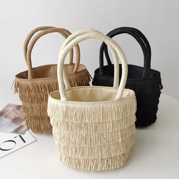 Повседневная Сумка-тоут из плетеной соломы с кисточками, Женская Маленькая сумка-тоут, соломенная сумка для пляжного отдыха, сумочка для покупок, Женская Открытая сумка