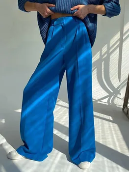 Синие офисные женские брюки 2024, Модные Свободные женские брюки полной длины, повседневные широкие брюки с высокой талией для женщин