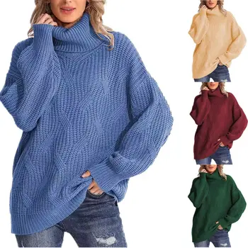 Осенне-зимний свитер для женщин, новый Свободный пуловер с высоким воротом и цветочным узором, блузка с длинным рукавом