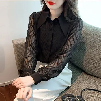 Весенние винтажные пуговицы, однотонный шифон, перспективная блузка с отложным воротником и длинным рукавом, женские простые рубашки в стиле пэчворк
