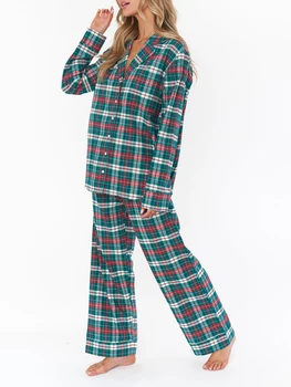 Женская пижама, комплект для отдыха, фруктовая клетчатая рубашка с длинными рукавами в шахматном порядке, топы и брюки, одежда для отдыха из 2 предметов