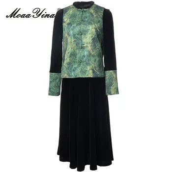 MoaaYina/ Зимнее модное дизайнерское винтажное бархатное платье, женская куртка с вышивкой + О-образный вырез, тонкое длинное платье с высокой талией, комплект из 2 предметов
