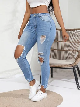 Benuynffy, Обтягивающие джинсы с высокой талией и рваными отверстиями, женские весенне-летние облегающие брюки-карандаш, стрейчевые джинсовые брюки с необработанным подолом.