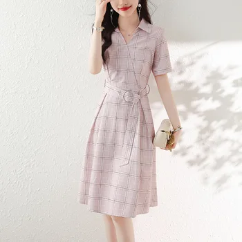 Модная женская одежда Лето 2023, новое элегантное клетчатое платье в корейском стиле средней длины с высокой талией и завязывающимся вырезом