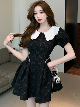 2023 Черное Жаккардовое Шикарное мини-платье с кукольным воротником и оборками, Женское Модное Повседневное платье Y2k Kawaii, Летнее Облегающее платье с коротким рукавом