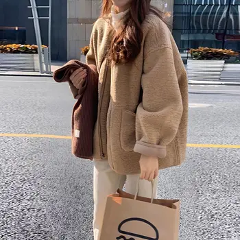 Корейское шикарное пальто, Женская осенне-зимняя куртка из овечьей шерсти, флисовая куртка, толстое теплое пальто, Женская одежда, короткие топы