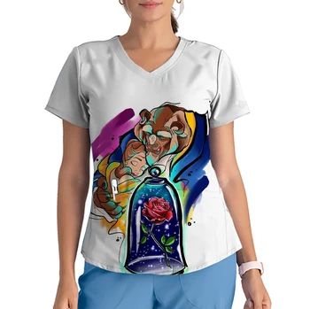 Летняя женская рабочая одежда с принтом принцессы Диснея с колокольчиком, V-образным вырезом, коротким рукавом, футболка для стоматолога, русалки, медсестры, повседневные топы