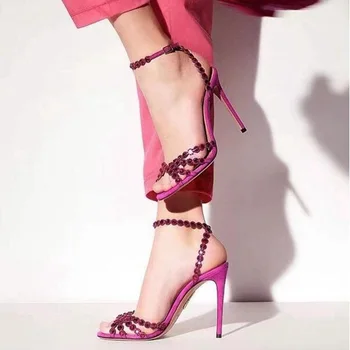 Разноцветные босоножки на высоком каблуке с бусинами и кристаллами, открытый носок, ремешок с пряжкой, Прозрачные босоножки с ремешками из ПВХ, модные туфли для подиума
