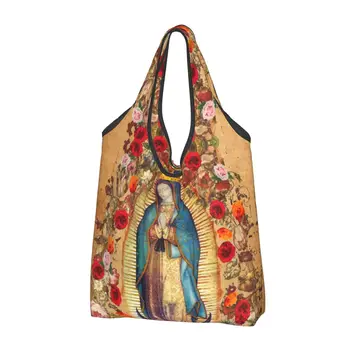 Сумки-тоут с принтом в стиле Каваи, Богоматерь Гваделупская, Дева Мария, Портативная сумка для покупок, сумка для плакатов католической Мексики