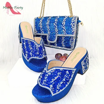 2024 Особый дизайн, Королевский синий цвет, высококачественные туфли на квадратном каблуке, новые итальянские туфли и сумка в комплекте для свадьбы