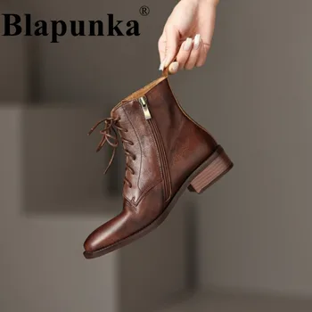 Blapunka/ Женские ботинки из натуральной кожи, Мотоциклетные ботильоны ручной работы на низком каблуке в стиле ретро, женская обувь с перекрестной шнуровкой на молнии 41