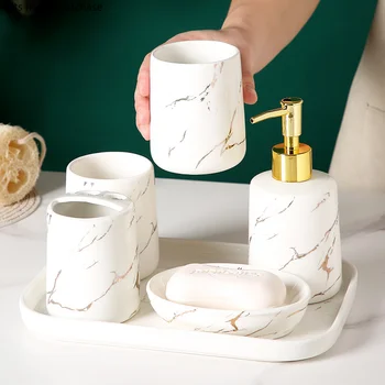 Набор из мраморной керамики для ванной комнаты из 5 предметов с подносом, набор чашек для рта, принадлежности для мытья ванной, Бутылочка лосьона, Держатель зубной щетки, мыльница