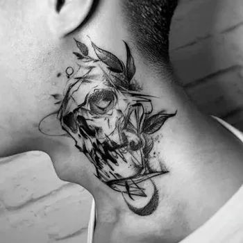 Поддельные татуировки с черепом на шее, ужасы для мужчин, Модная временная татуировка на крутом теле, водонепроницаемые наклейки для рук, тату