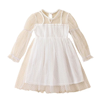 Winkinlin, повседневное платье для девочек, Сетчатое прозрачное платье с длинными рукавами в швейцарскую горошек для маленьких девочек, Осеннее модное платье принцессы