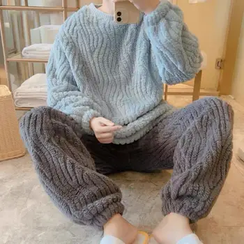 Модный дизайн Пижамных штанов, облегающий ноги, Уютный мужской Фланелевый Пижамный комплект, Мягкая на Ощупь Теплая одежда для отдыха на Осень-Зиму, Однотонная