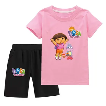 Корейская Детская Одежда для мальчика, Футболка с изображением Доры, 3D Печать, Одежда для Маленьких Девочек, Комплект Одежды для мальчиков, Одинаковые Комплекты для малышей