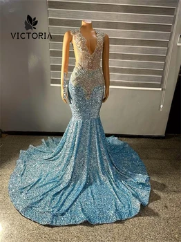Небесно-голубой блестки серебро кристаллы Русалка платье для выпускного вечера для черных девушки Rainstone африканских день рождения свадебный гость платье Vestidos