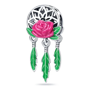 2022 Новый шарм-Ловец снов с розовыми цветами, бусины из стерлингового серебра 925 пробы, подходят к оригинальному браслету для женщин, подвеске, ювелирному подарку