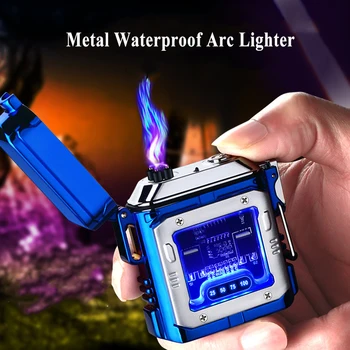 Электрический импульсный плазменный светодиодный дисплей, USB-зарядка, металлическая зажигалка, Ветрозащитная, водонепроницаемая, прозрачная, мощная зажигалка, подарок для мужчин